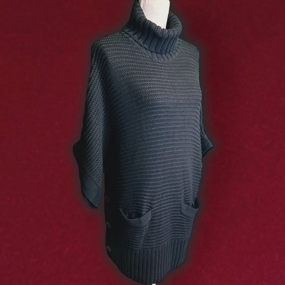 NWT J. Crew Black Cotton / Wool Blend Side Button ‘Turtleneck Poncho’ Size XS